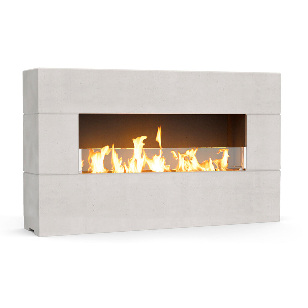 Outdoor linear gas fireplace with white stone surround and front flame viewing window
