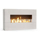 Outdoor linear gas fireplace with white stone surround and front flame viewing window