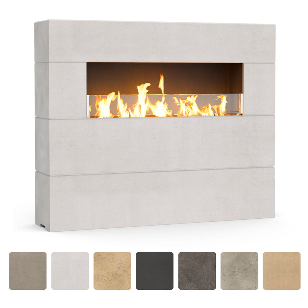 Tall outdoor linear gas fireplace with light gray stone panels, plus color swatches