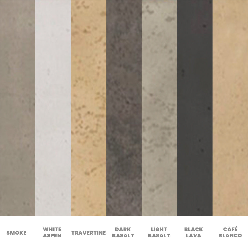 Gas fireplace color swatches: Smoke, White Aspen, Cafe Blanco, Dark Basalt, Black Lava