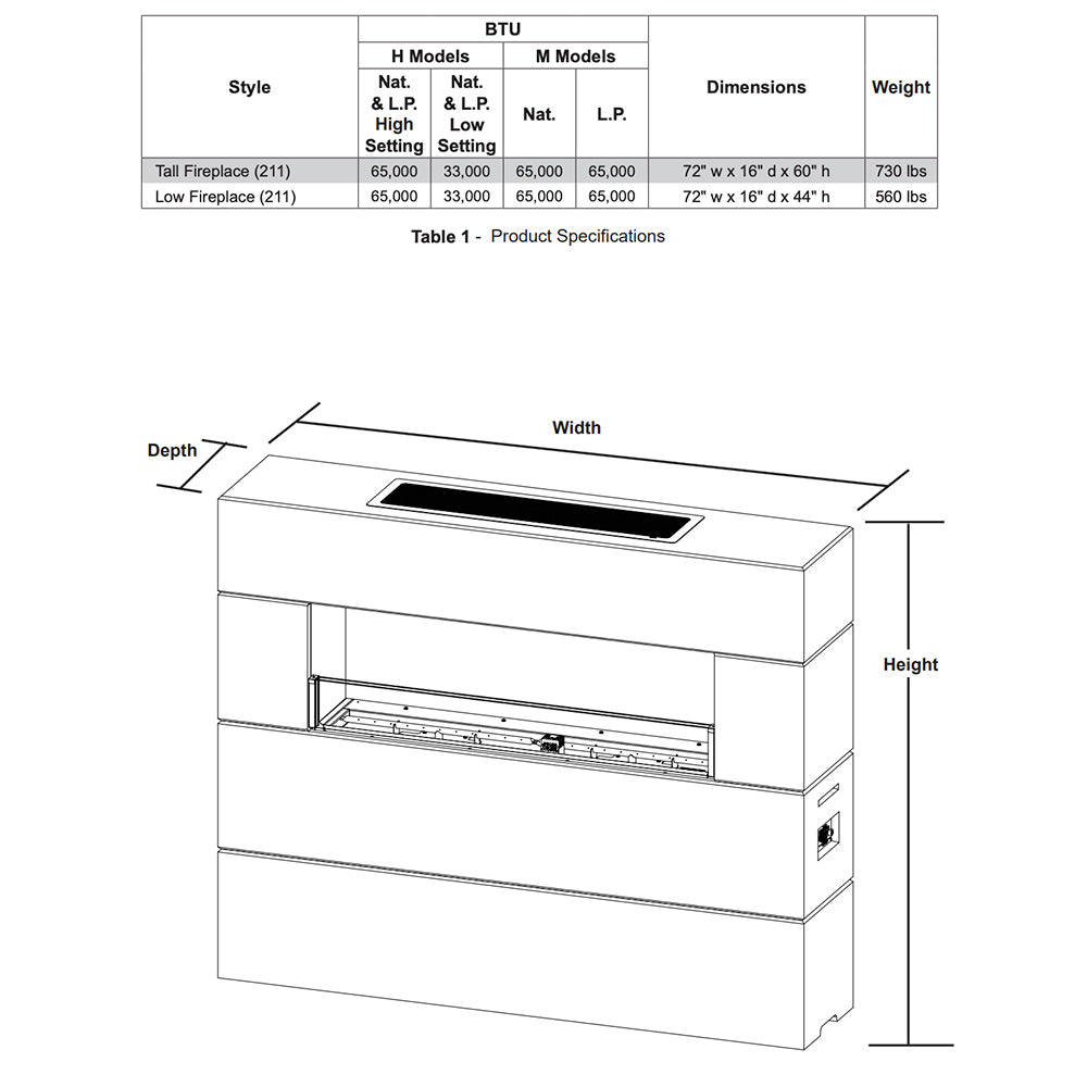 Outdoor linear gas fireplace technical drawing with width, depth, and height dimensions