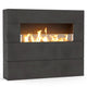 Tall outdoor linear gas fireplace with dark charcoal stone panels and glowing flames