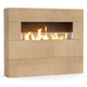 Tall outdoor linear gas fireplace with light beige stone panels and glowing flames