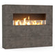 Tall outdoor linear gas fireplace with dark gray stone panels and glowing flames