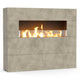 Tall outdoor linear gas fireplace with speckled light gray stone panels and glowing flames