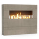 Tall outdoor linear gas fireplace with medium gray stone panels and glowing flames