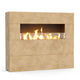 Tall outdoor linear gas fireplace with beige stone panels and glowing flames