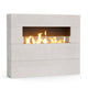 Tall outdoor linear gas fireplace with white stone panels and glowing flames