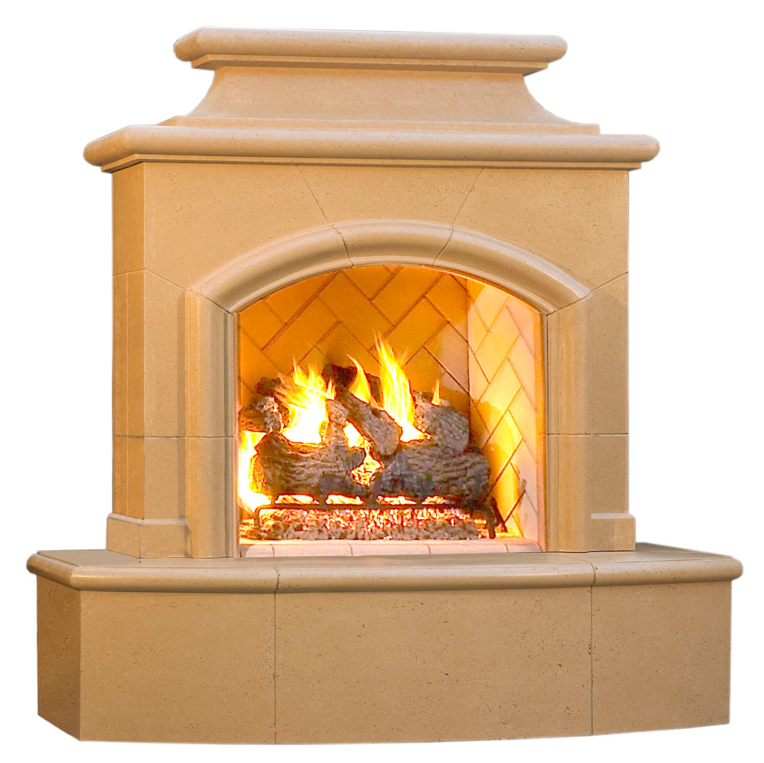American Fyre Designs outdoor gas fireplace with arched firebox and tan surround