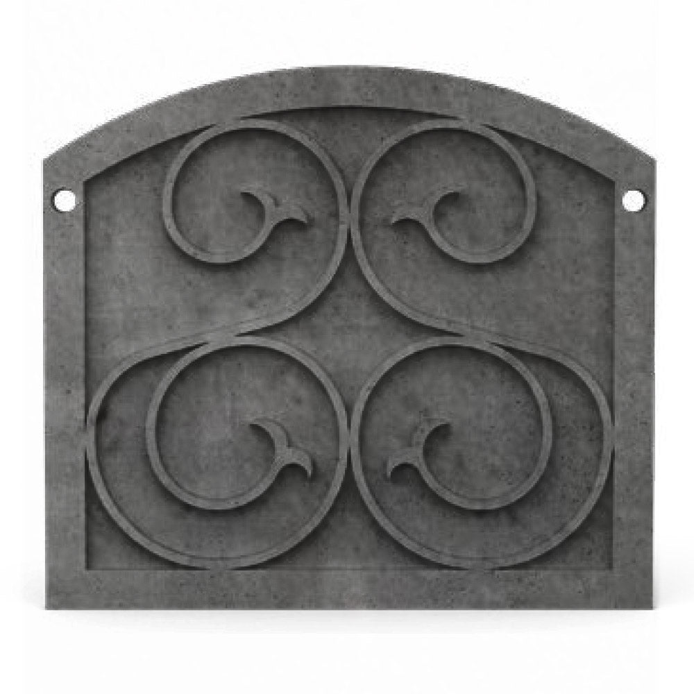 Fireplace protector plate in dark charcoal with four round embossed shapes and side mounting holes