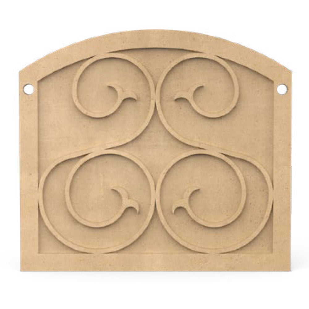 Textured cafe blanco fireplace protector plate with decorative circular scroll cutouts