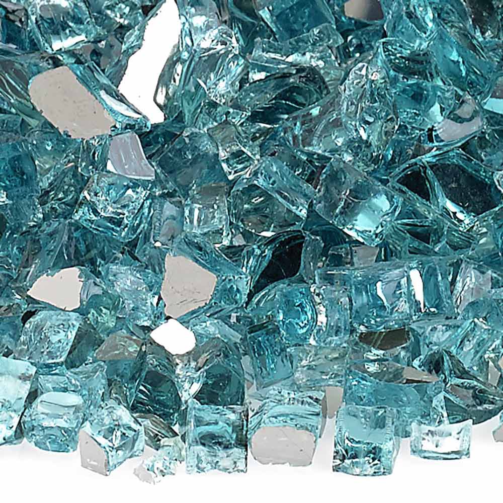 Teal-blue reflective fire glass shards close-up