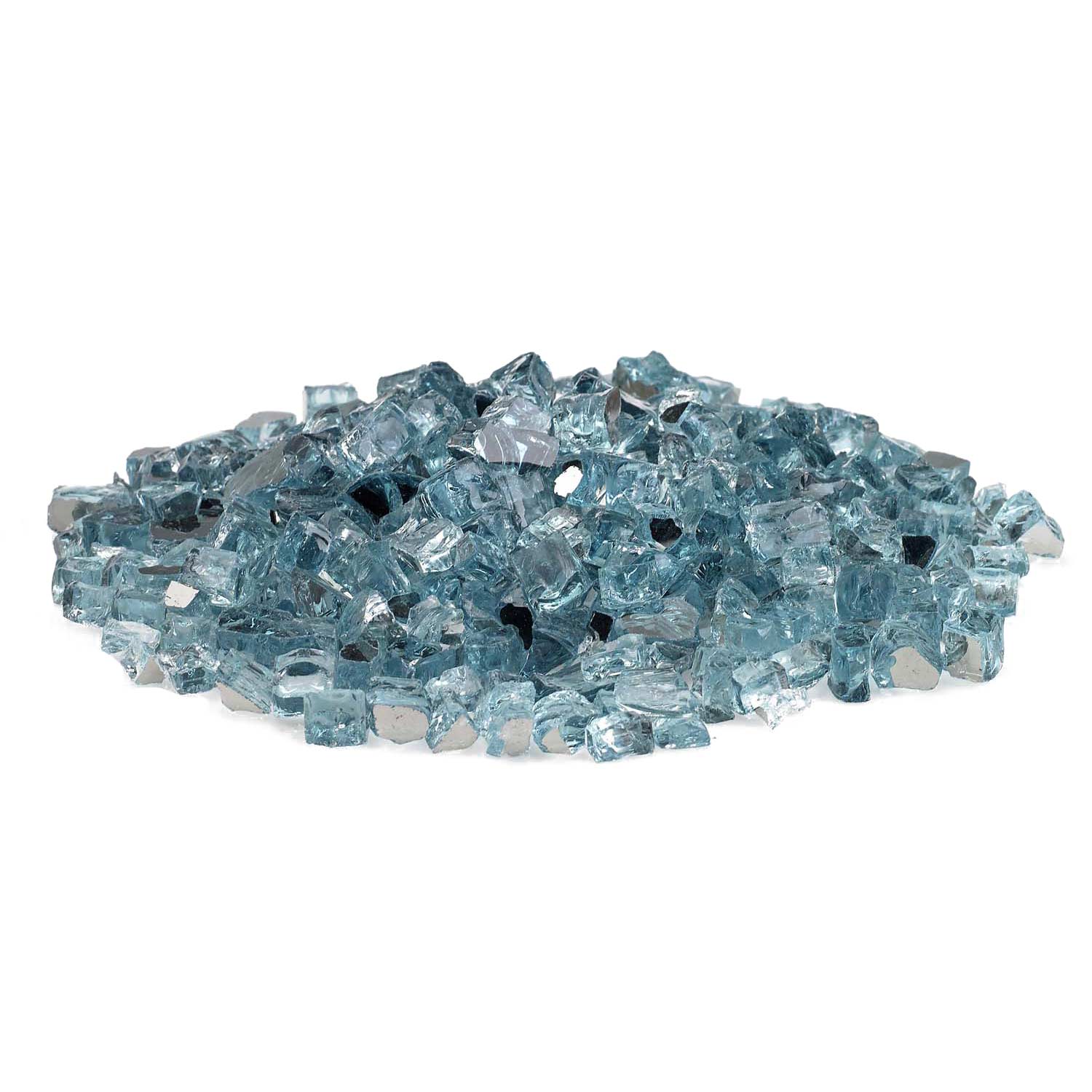 Azuria fire glass chunks in a mound, 1/2-inch reflective blue glass pieces