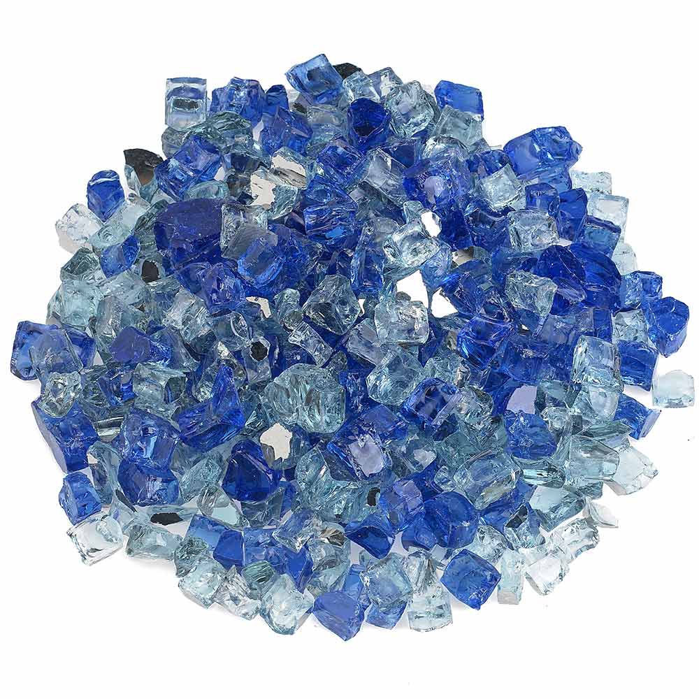 Reflective fire glass, blue and light blue glass chunks, mixed sizes