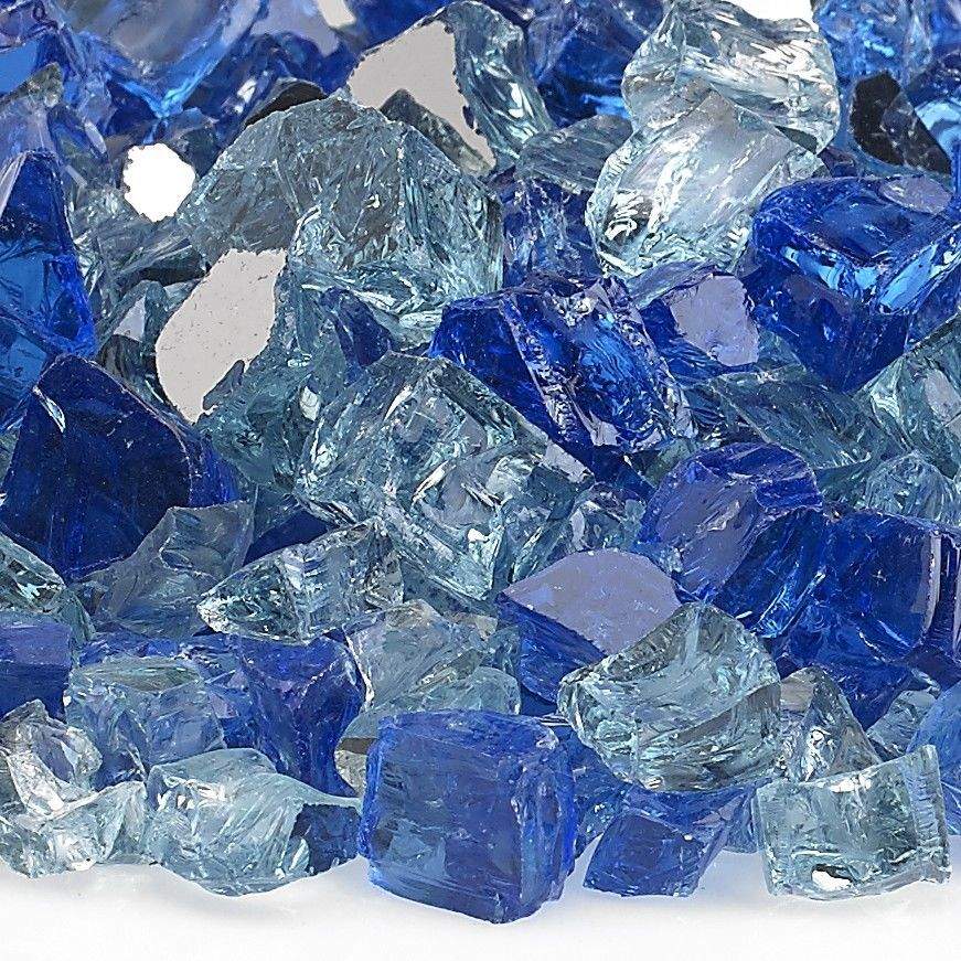 Reflective fire glass close-up, blue and light blue translucent shards