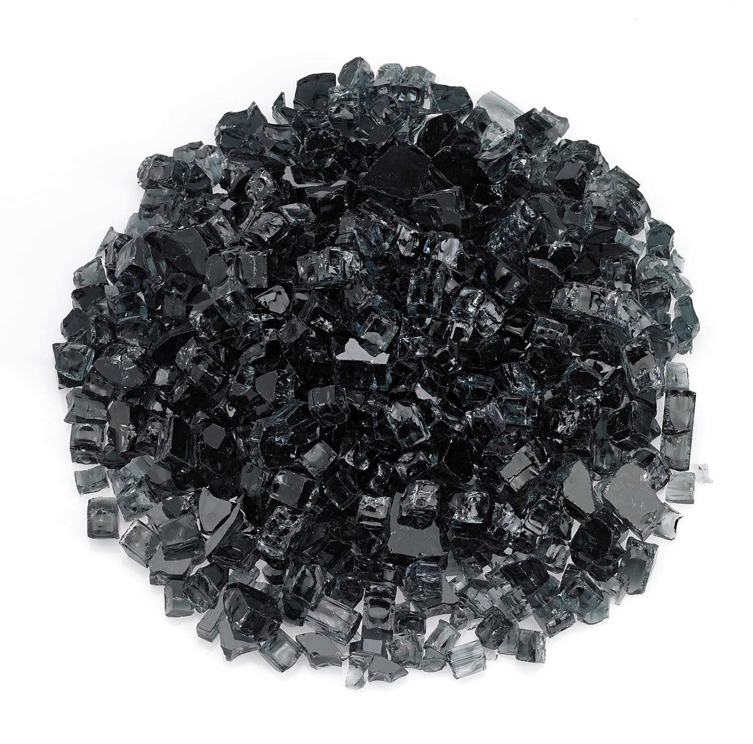 Black 1/2-inch fire glass chunks in a piled heap of crushed pieces