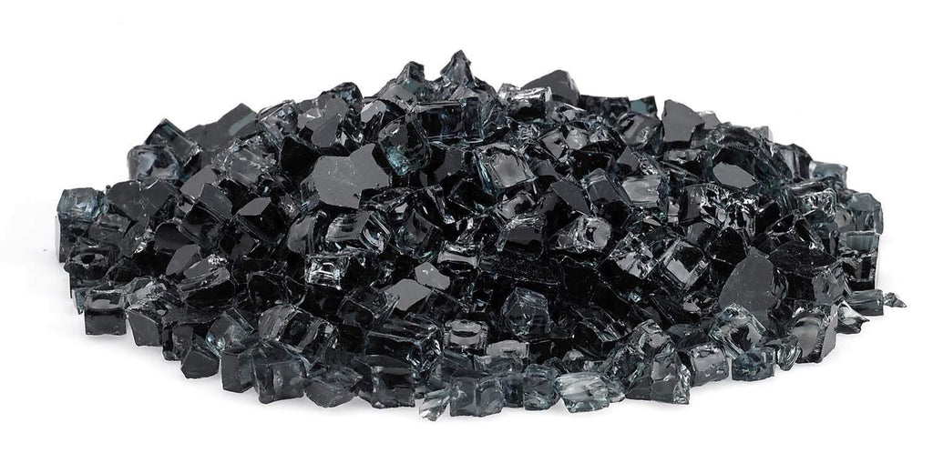 Black fire glass chunks spread in a low mound of crushed glass pieces