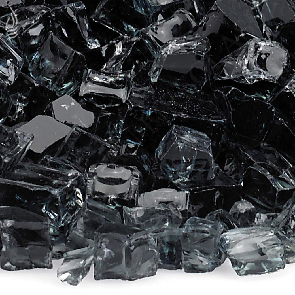 Close-up of black crushed fire glass chunks with reflective facets