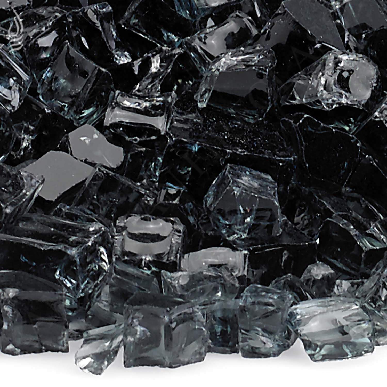 Close-up of black crushed fire glass chunks with reflective facets