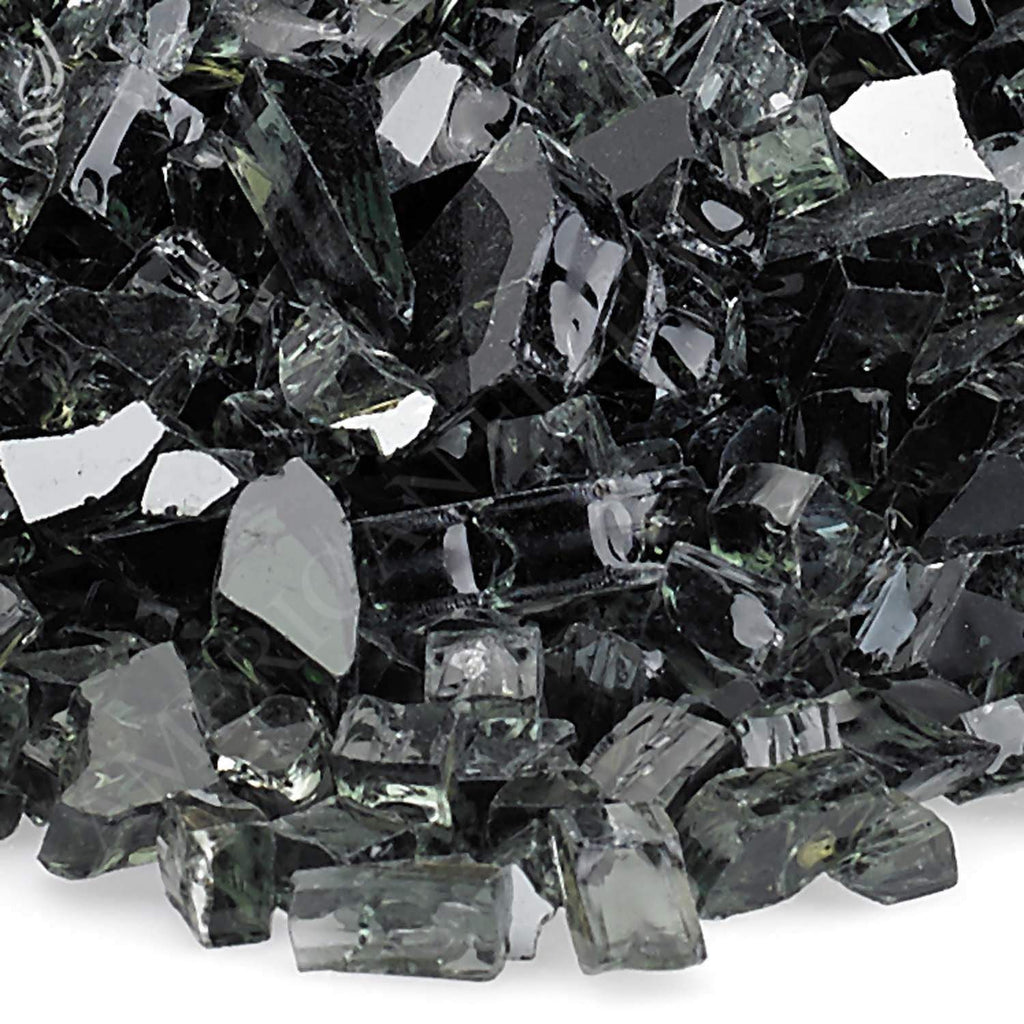 Black reflective fire glass chunks with sharp faceted edges, close-up
