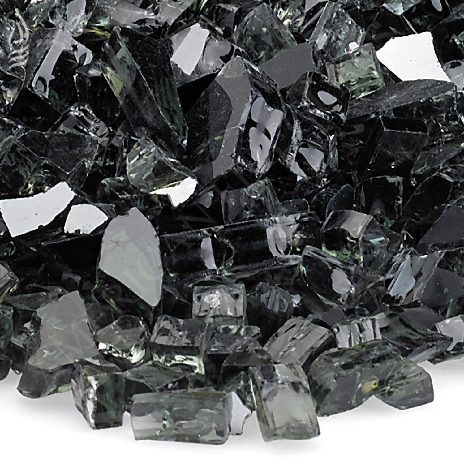 Black reflective fire glass chunks with sharp faceted edges, close-up