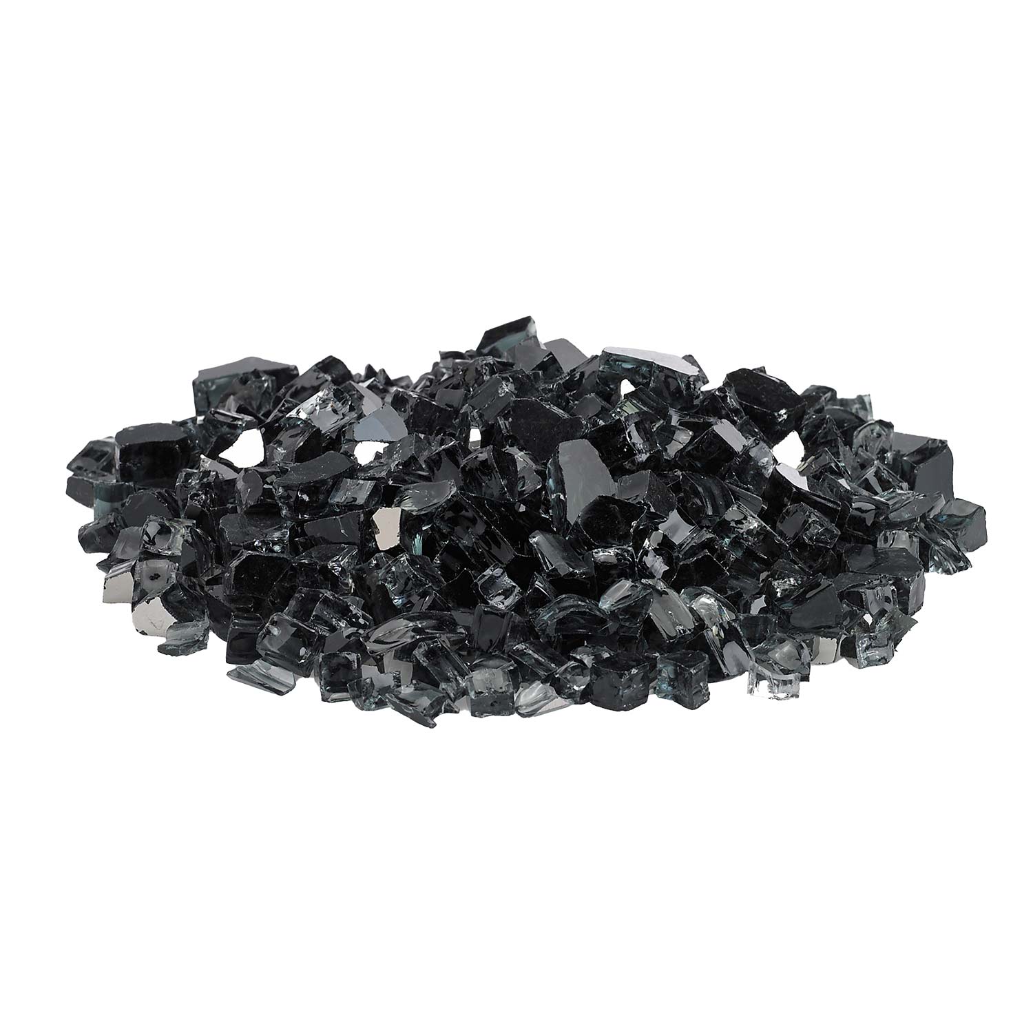Black reflective fire glass pieces, scattered pile