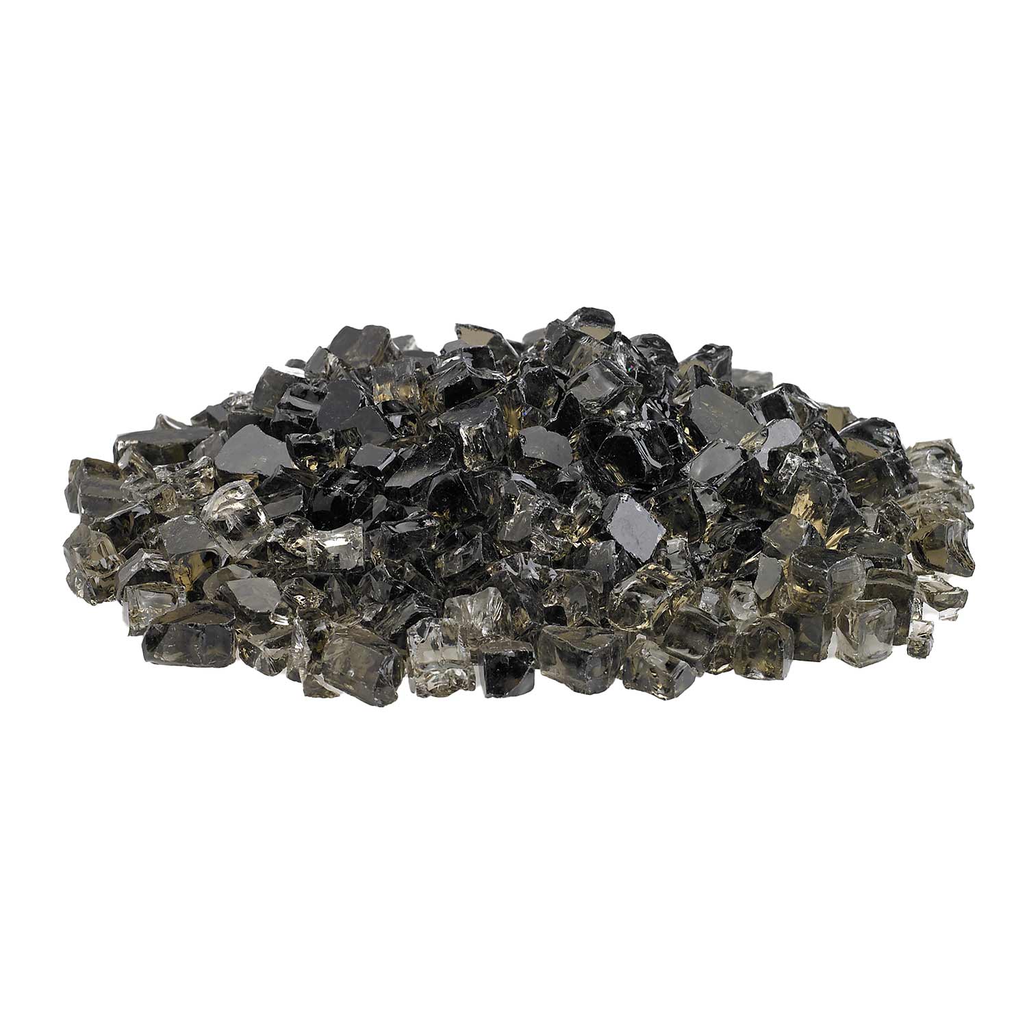 Bronze fire glass chunks with dark reflective shards, long pile