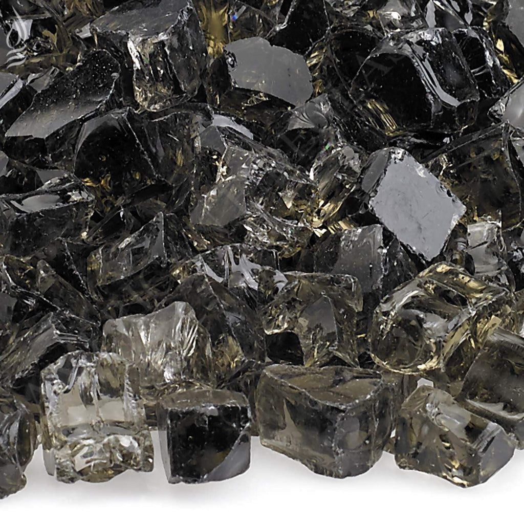 Close-up bronze fire glass shards, dark mirrored blocks
