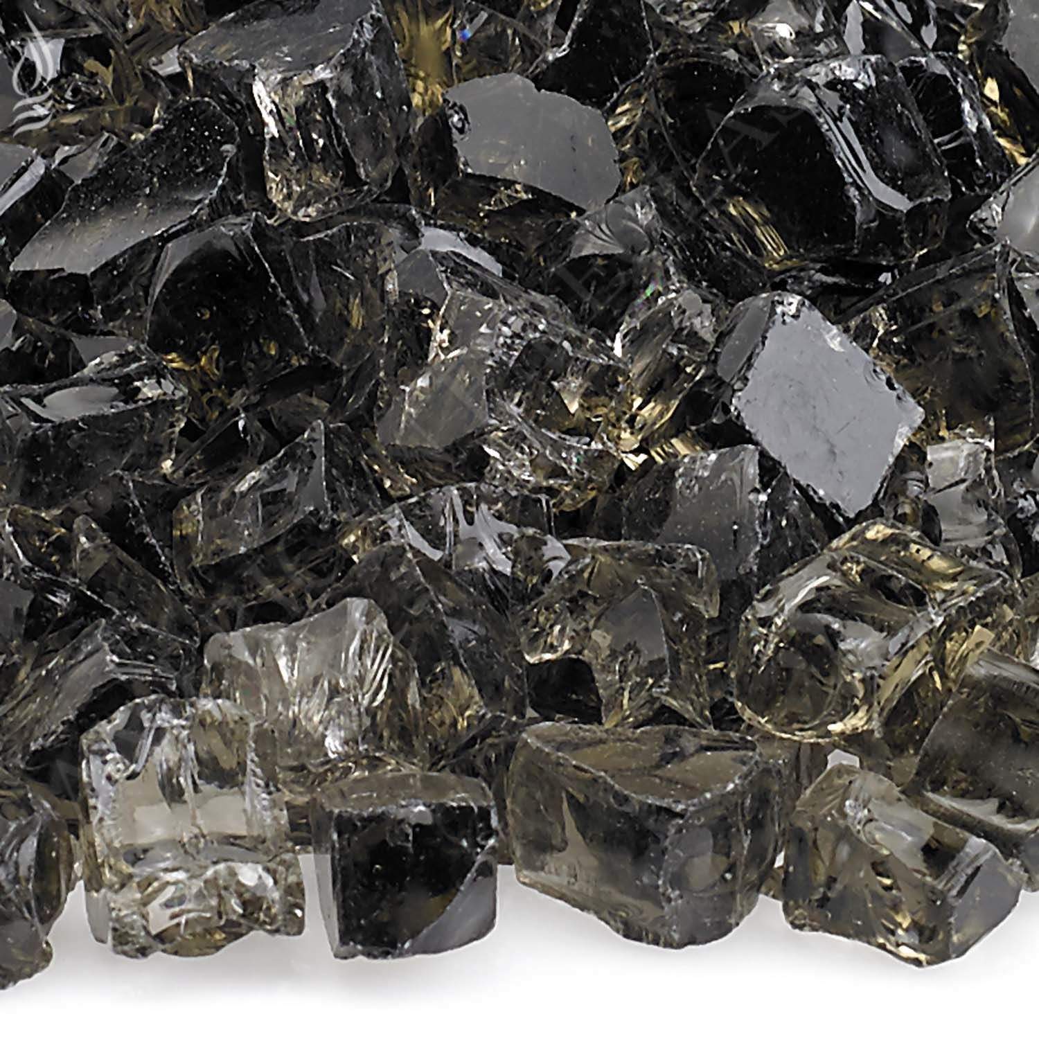 Close-up bronze fire glass shards, dark mirrored blocks