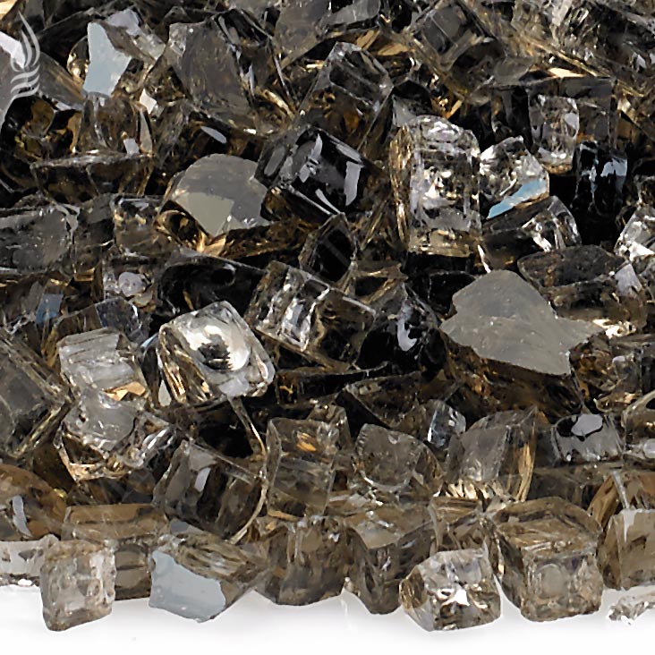 Bronze and clear reflective fire glass fragments with glossy, faceted surfaces