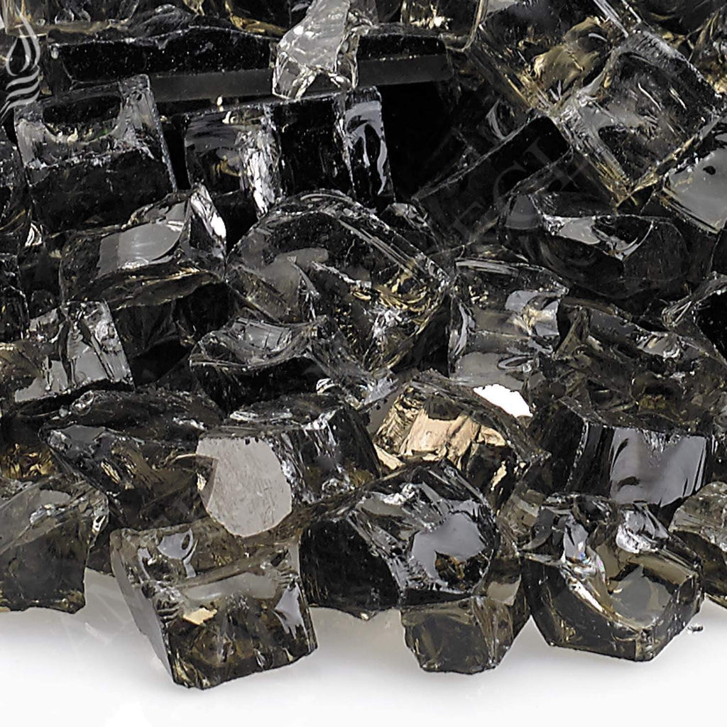 Reflective fire glass chunks, glossy dark black with bronze-toned sparkle