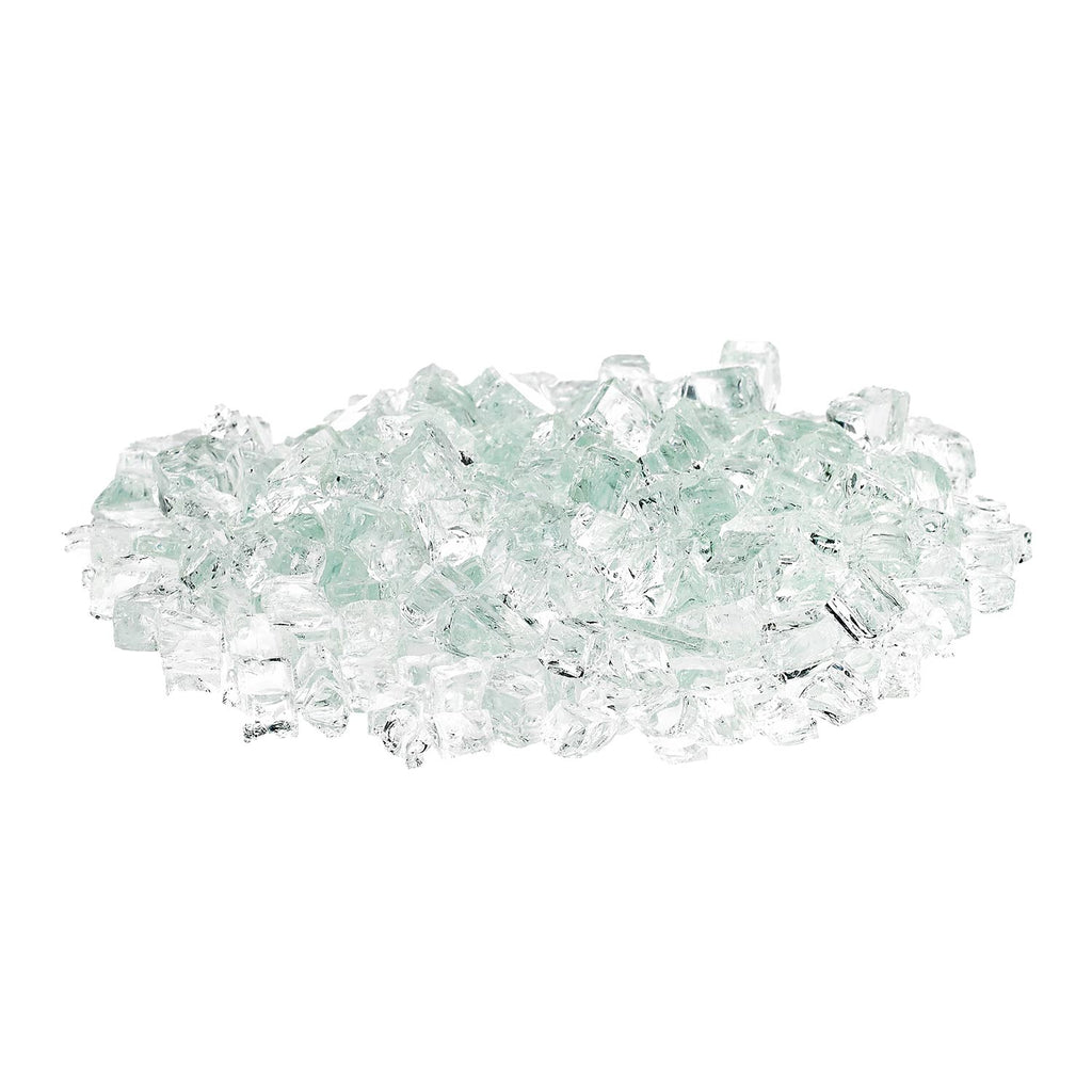 Clear and light aqua fire glass pieces in a loose pile