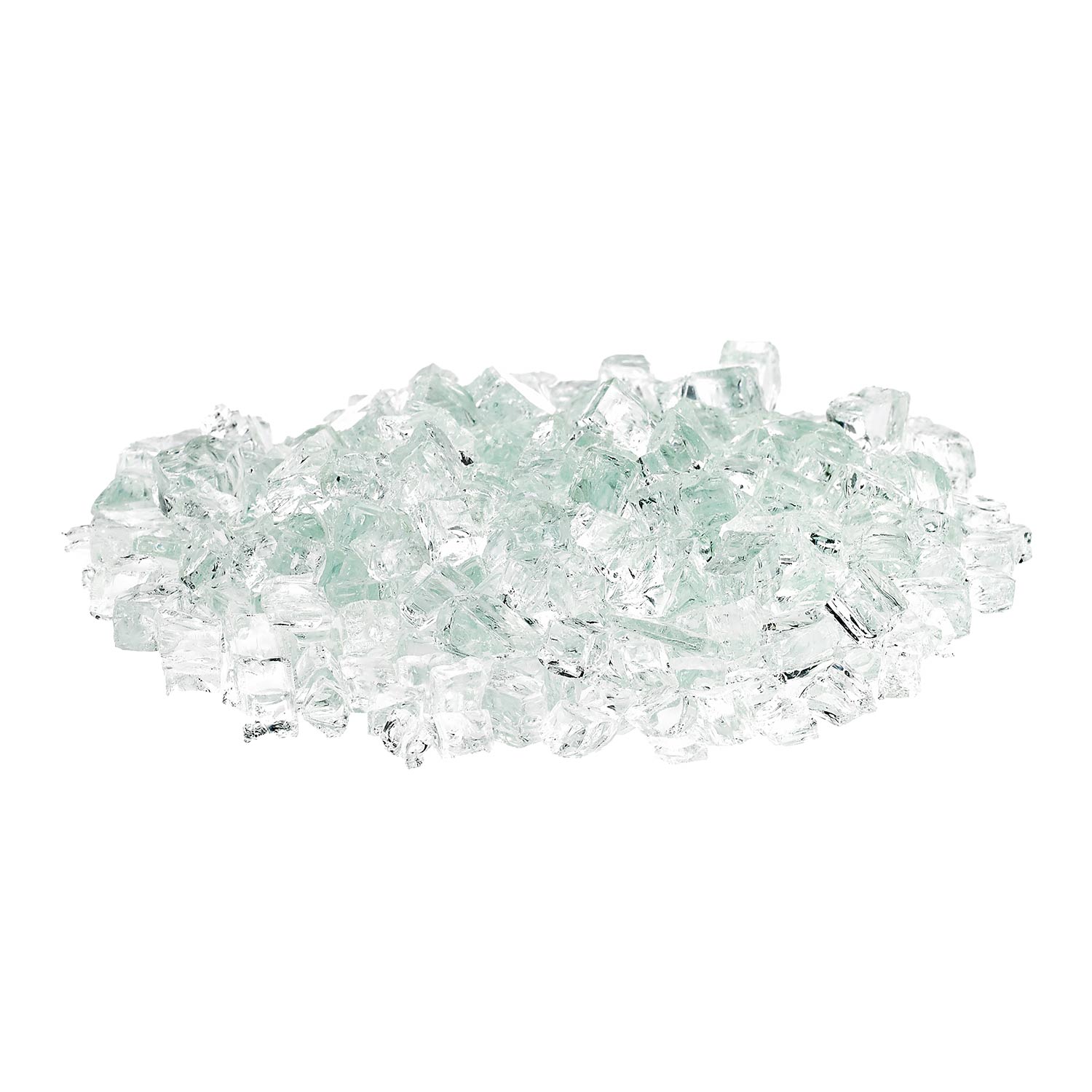 Clear and light aqua fire glass pieces in a loose pile