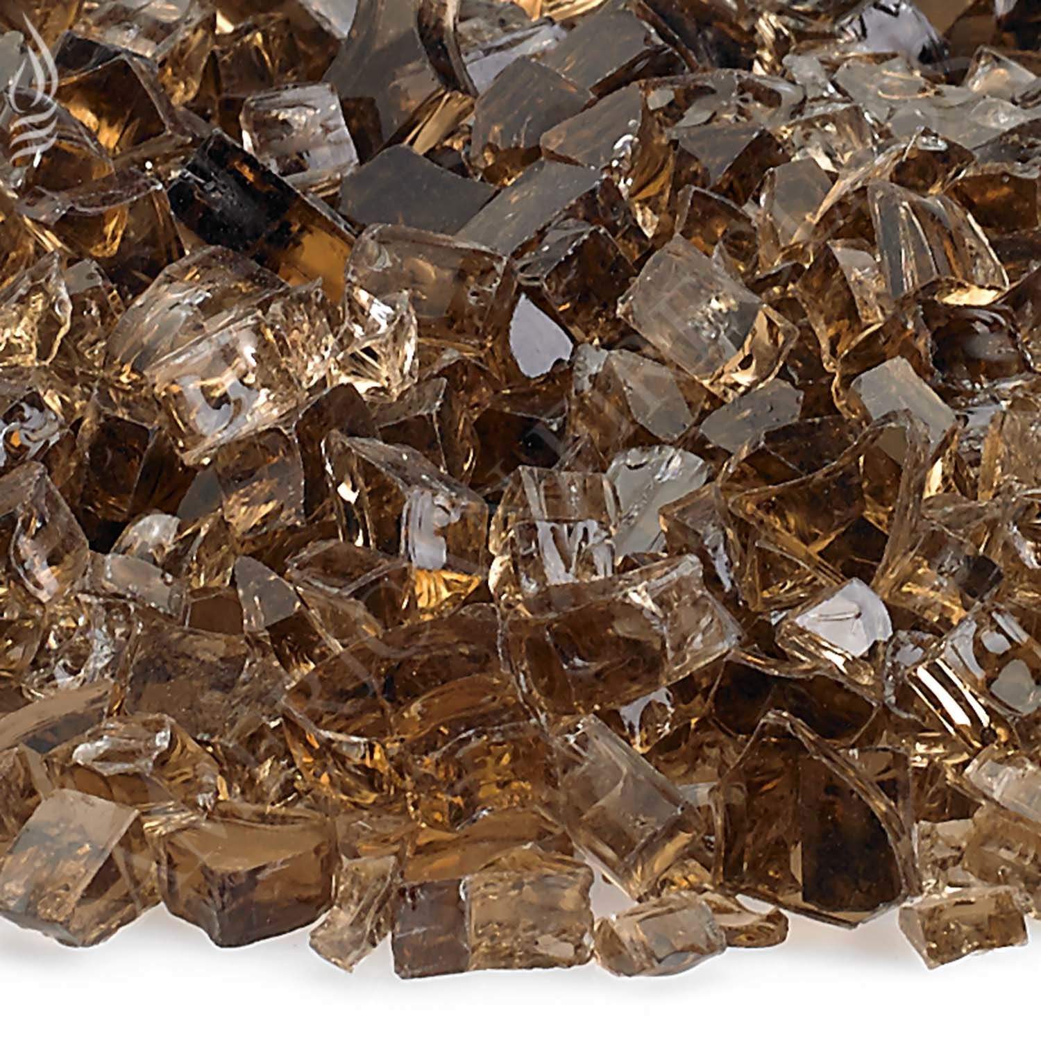 Copper-toned faceted fire glass pieces, close-up pile