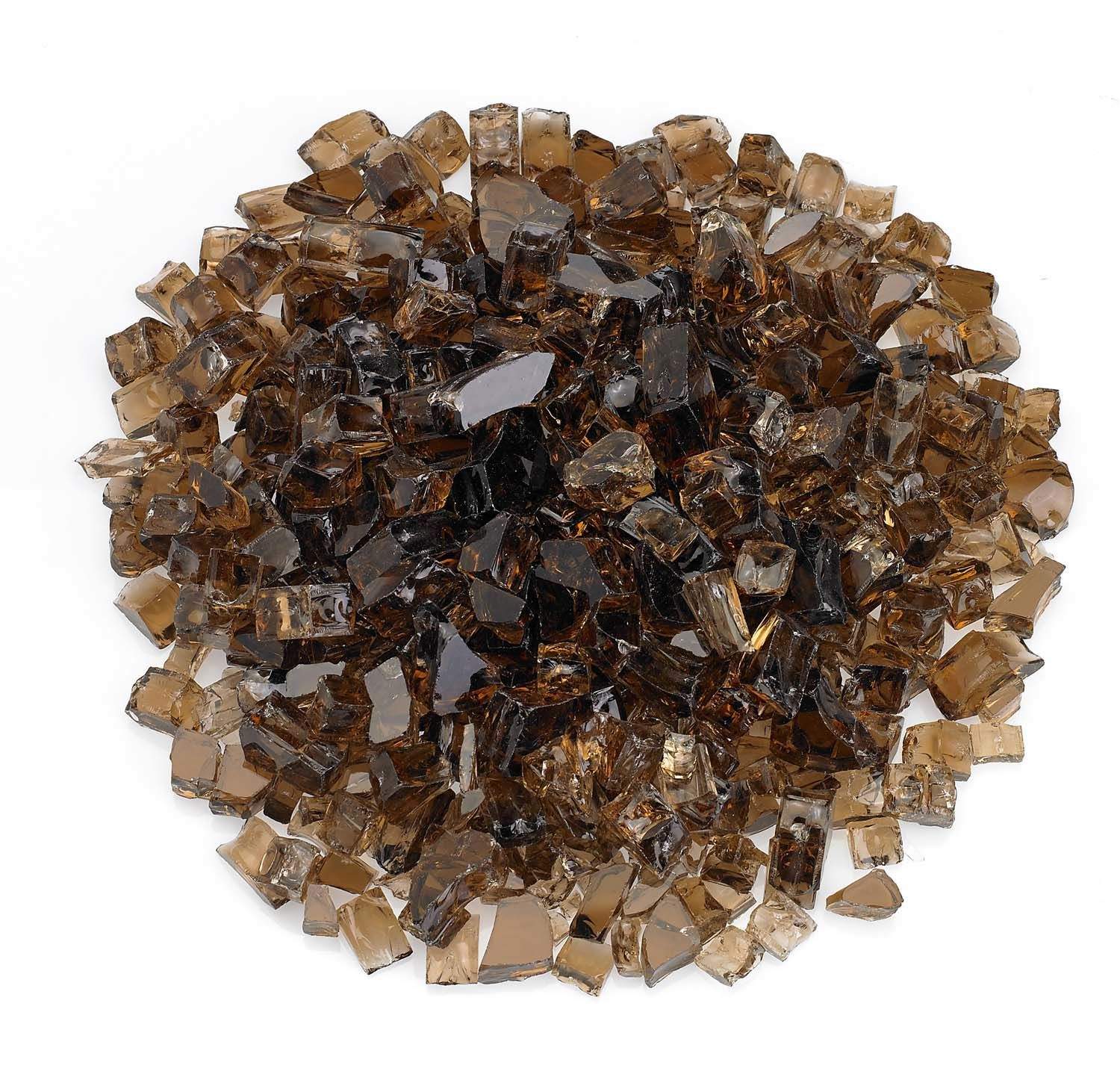 Copper-toned and dark glass fire pit rocks, assorted 1/2-inch glossy chunks
