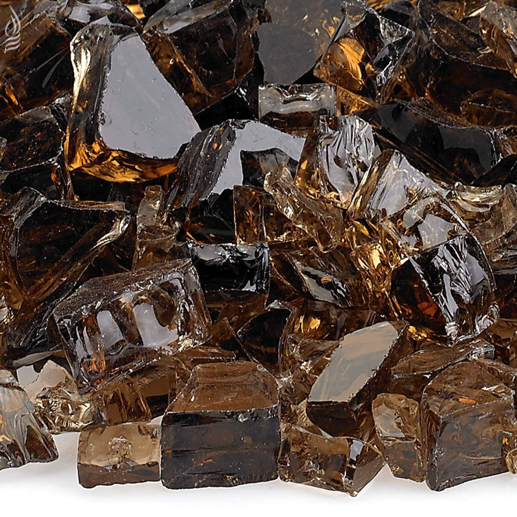 Faceted copper-toned fire glass fragments with dark, reflective surfaces