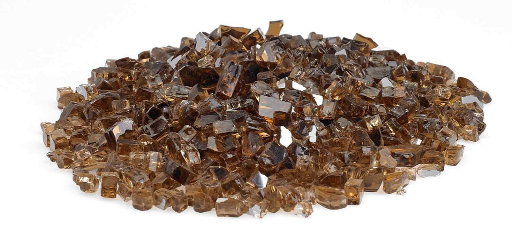 Copper reflective fire glass pile of small square-cut glass chunks