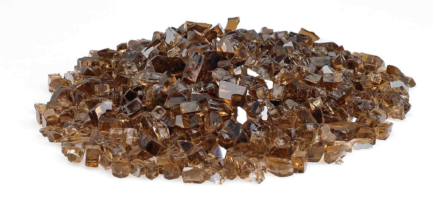 Copper reflective fire glass pile of small square-cut glass chunks