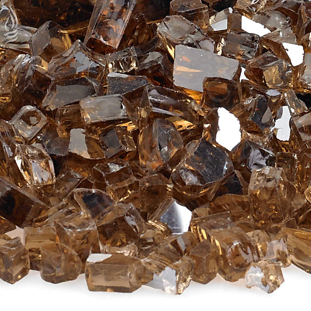 Close-up of copper reflective fire glass squares with shiny, faceted surfaces
