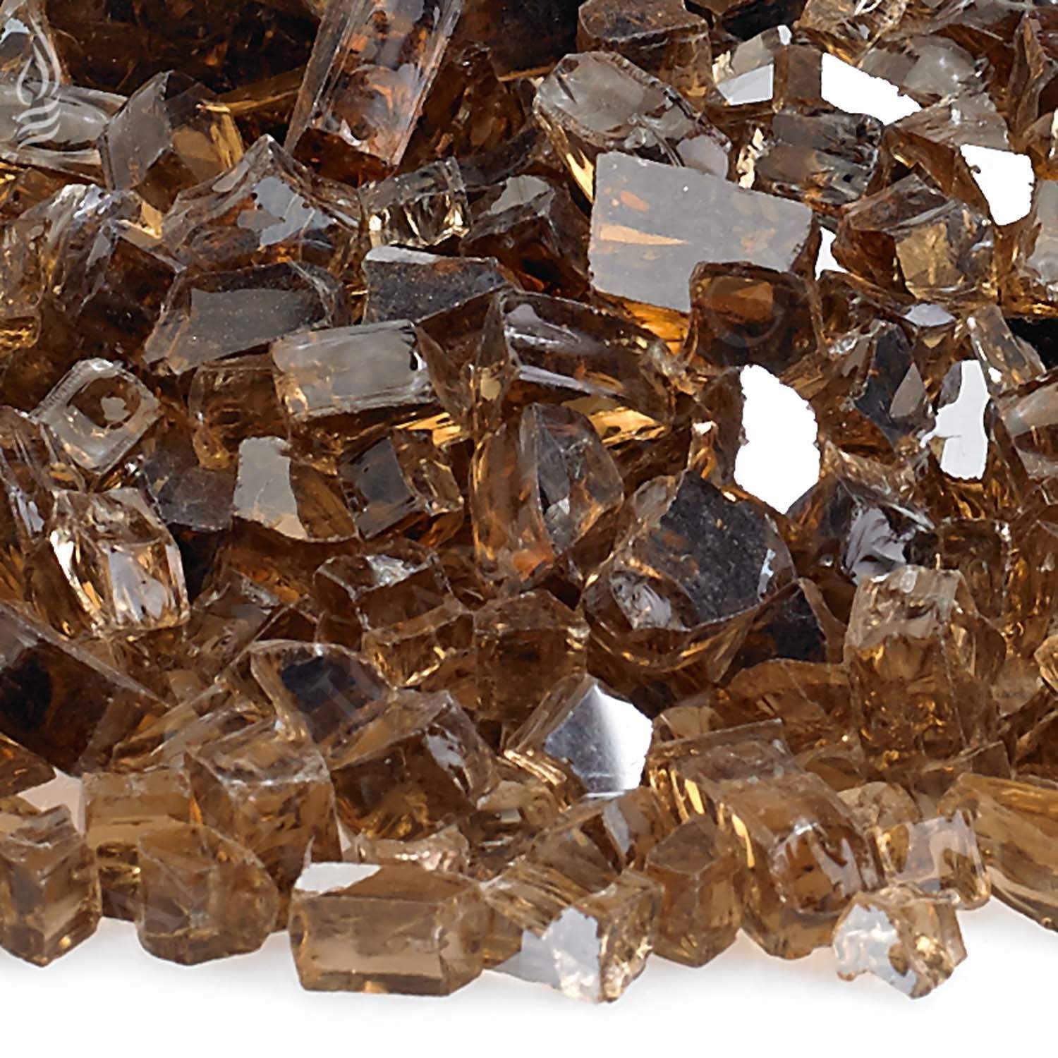 Close-up of copper reflective fire glass squares with shiny, faceted surfaces