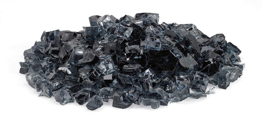 Grey fire glass chunks in a low pile, irregular reflective pieces