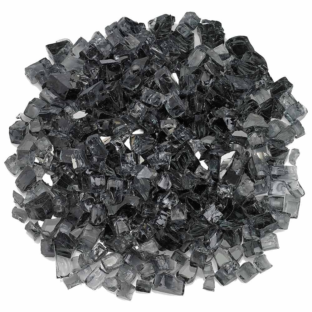 Grey reflective fire glass chunks, faceted square pieces in bulk pile