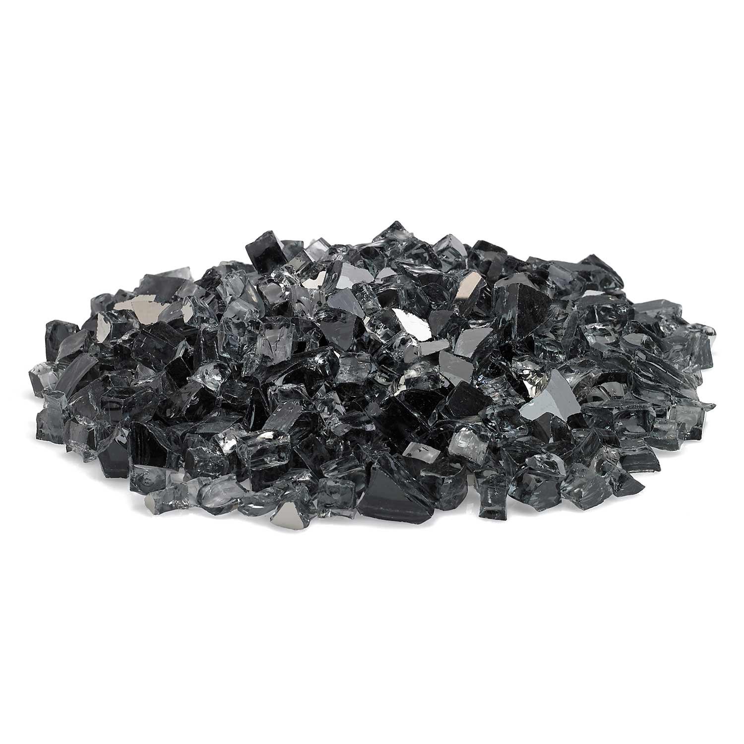 Grey reflective fire glass chunks, flat lay of faceted square pieces