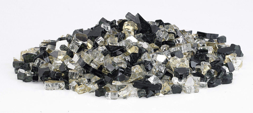 Reflective fire glass stones scattered, black and clear cubes with gold highlights