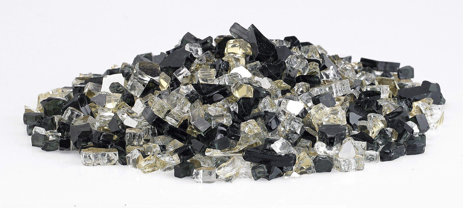 Reflective fire glass stones scattered, black and clear cubes with gold highlights