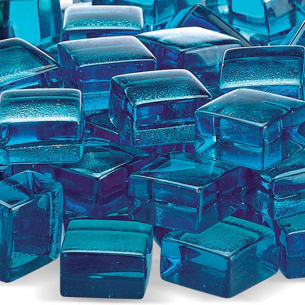 Pacific blue glass fire beads, close-up of square cut luster pieces