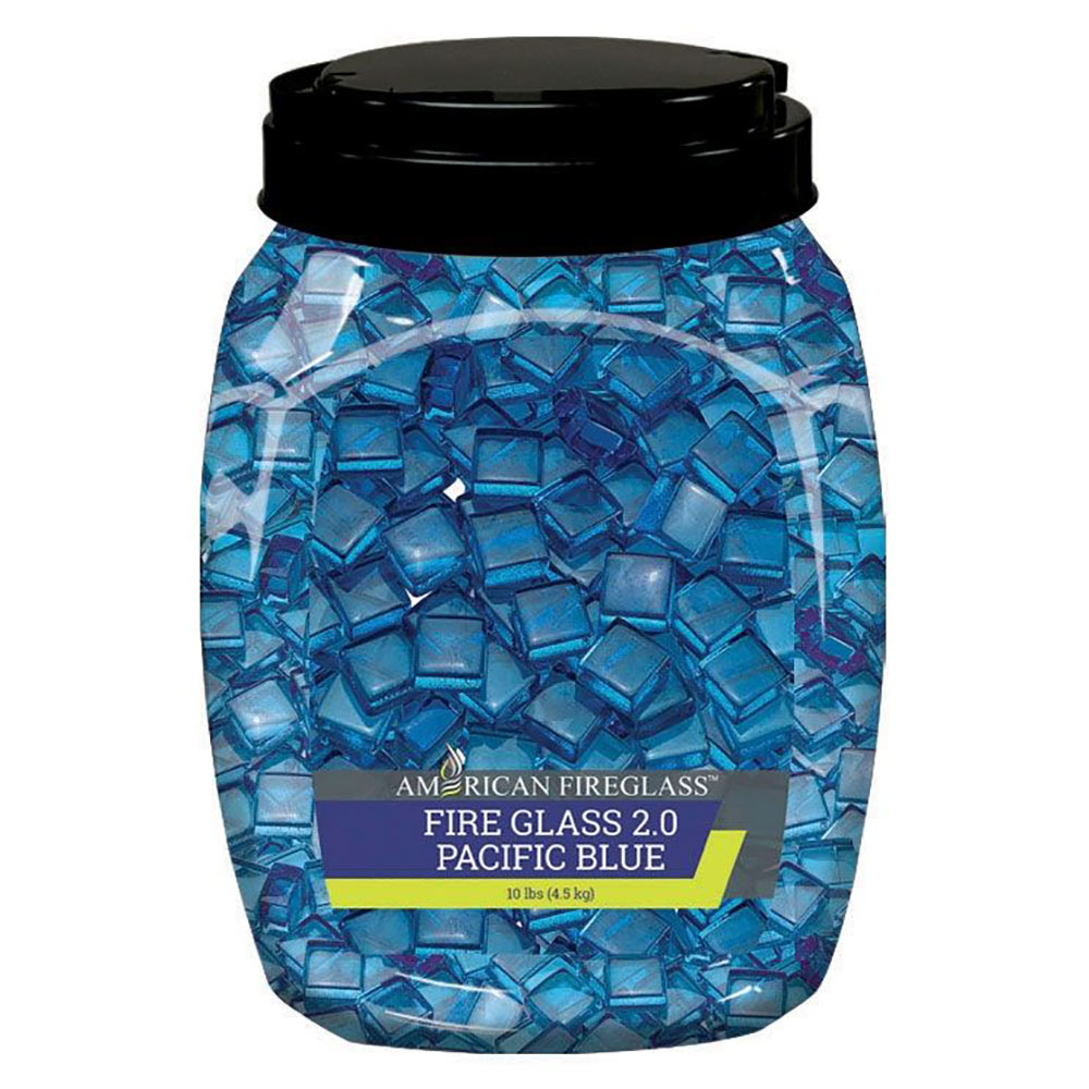 Pacific blue glass fire bead container with black lid and square pieces