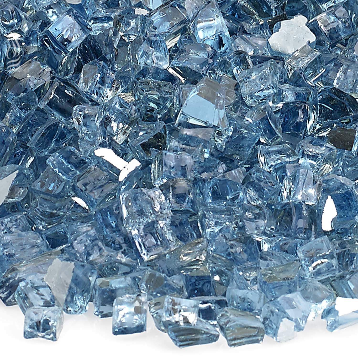 Close-up of blue reflective fire glass shards with faceted, glossy surfaces