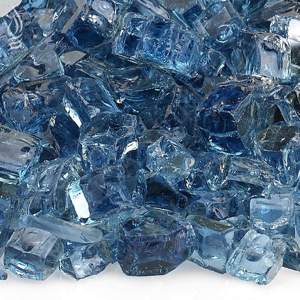 Close-up of Pacific blue reflective fire glass cubes and shards for a fire pit