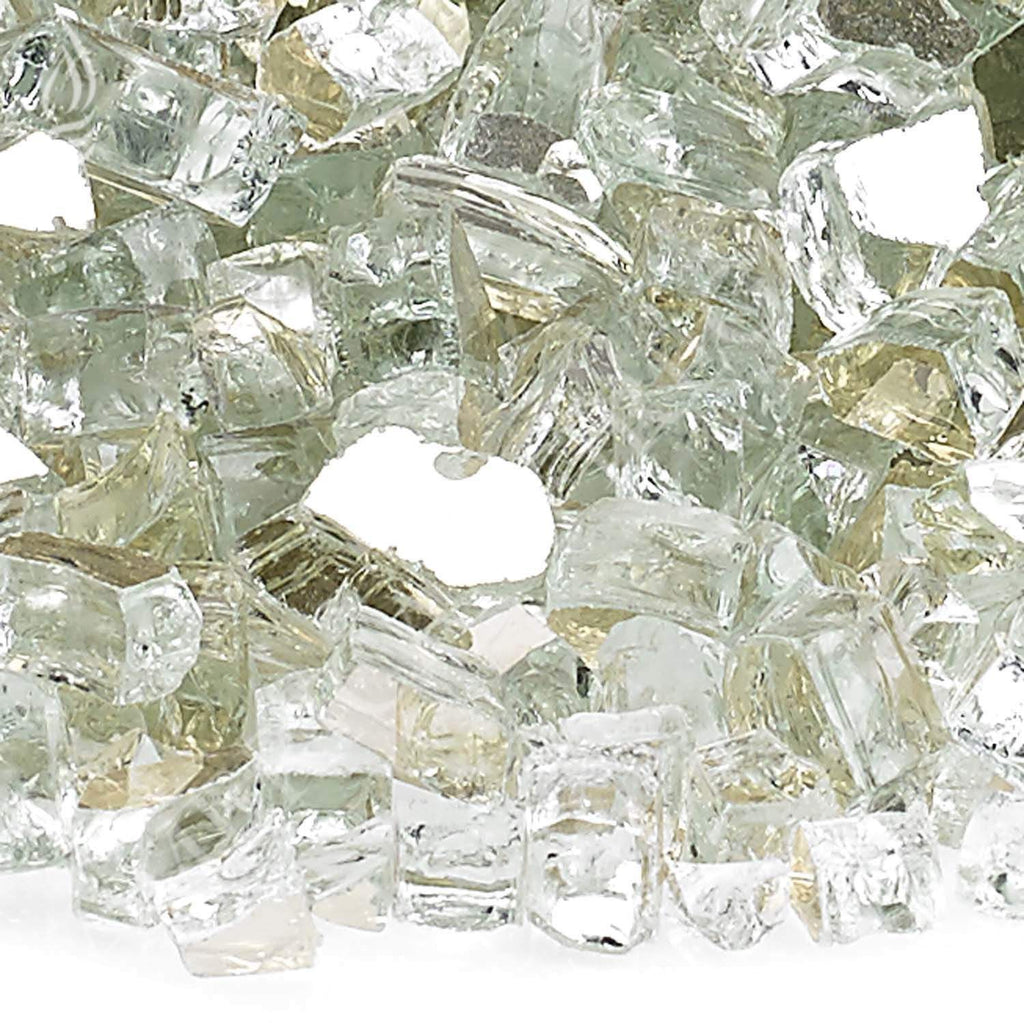 Close-up platinum reflective fire glass, clear pale green faceted shards